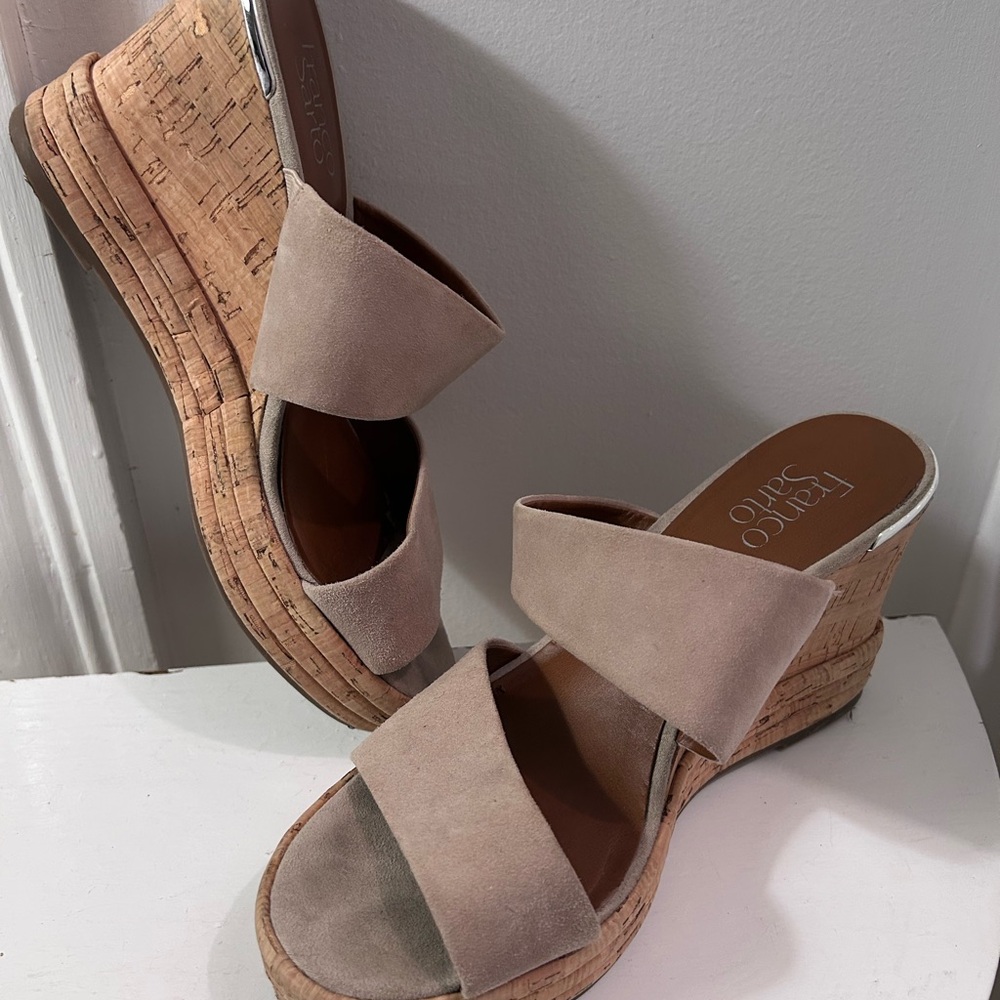 Franco Sarto Taupe Suede Cork with detailed stacked Wedge heel & silver edging